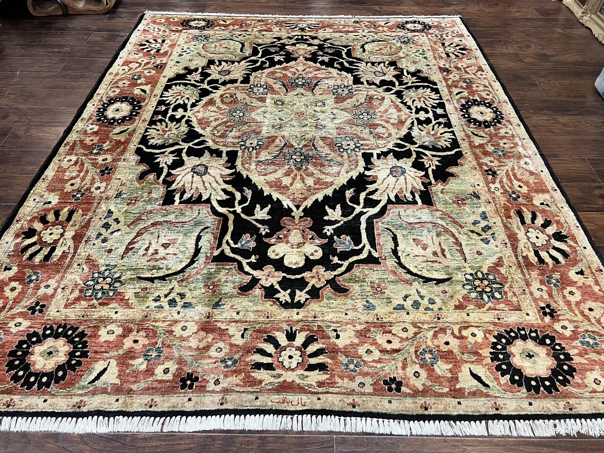 Pak Persian Rug 8x10, Pakistani Mahal Sultanabad Carpet, Signature from Master Weaver, Shiny Wool, Black Red Vintage Handmade Medallion Rug by Jewel Rugs