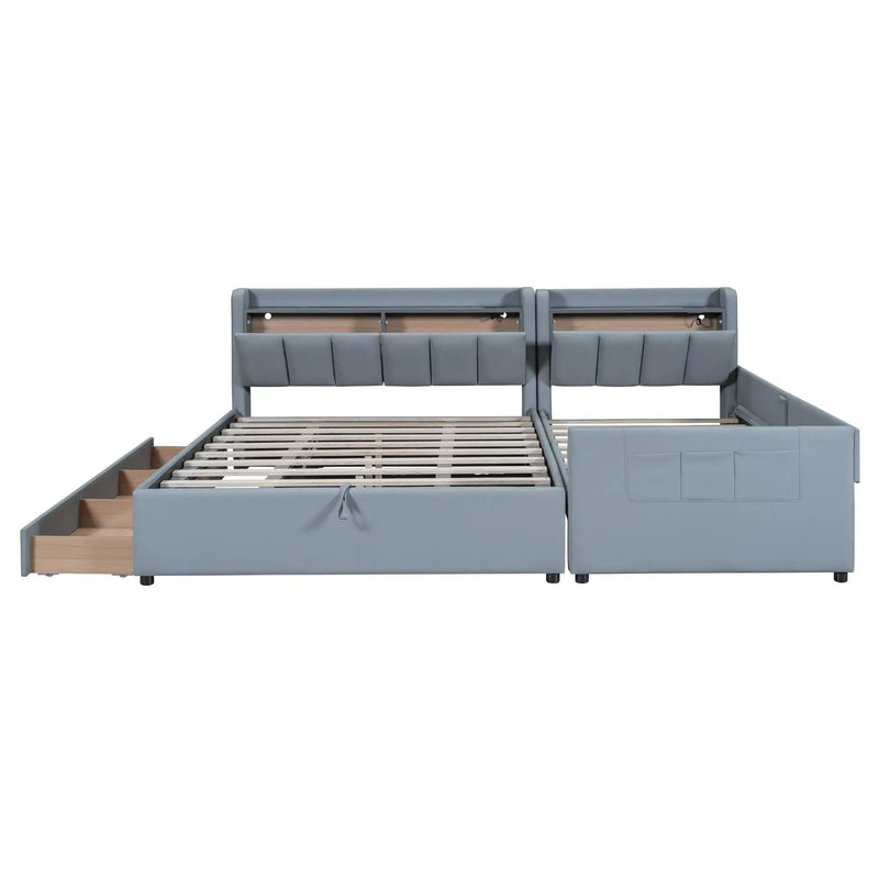 Upholstered Mother & Child Bed With Hydraulic Storage System, Drawer Box, Bedhead Storage Shelf And 2 Pairs Of Sockets & USB Ports by Unique Piece Furniture
