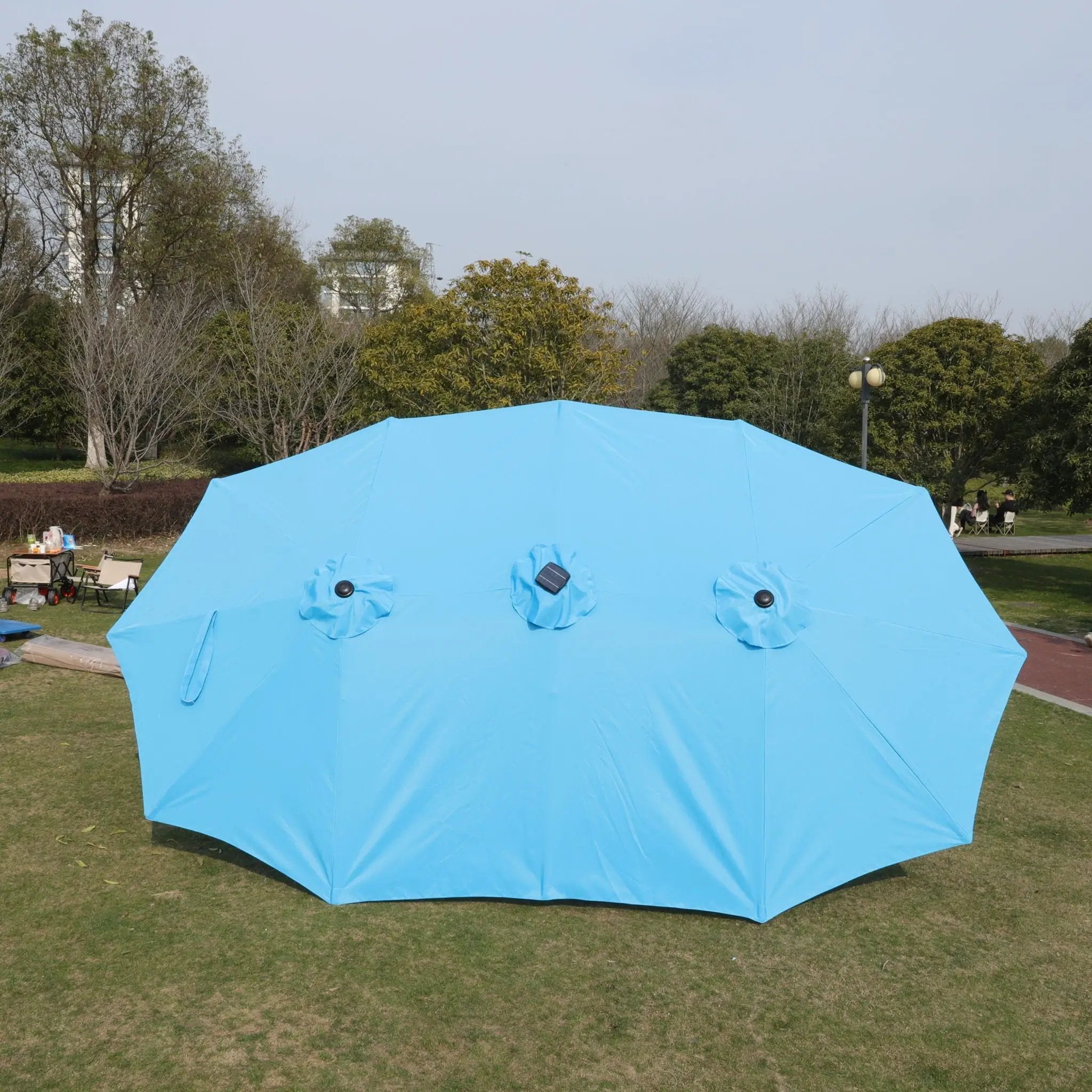 Double- Sided Outdoor Market Umbrella With Lights And Base by Unique Piece Furniture
