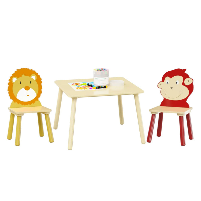 Kids Table And 2 Chairs Set, 3 Pieces Toddler Table And Chair Set, Wooden Activity Play Table Set (Lion&Monkey) - Natural by HouseOfZazla