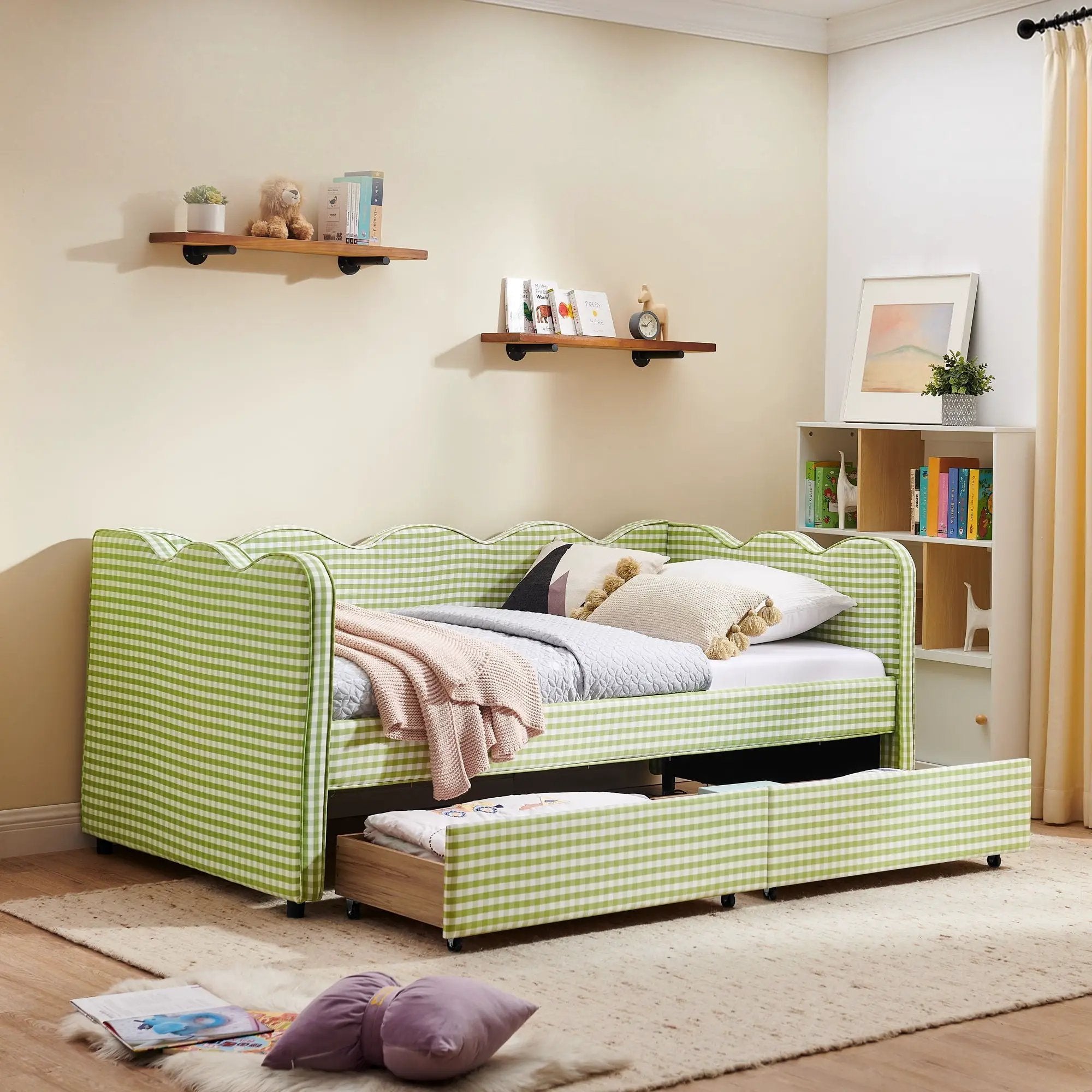 Gingham Daybed With USB Charging Port, Wave-Shaped Design by HouseOfZazla
