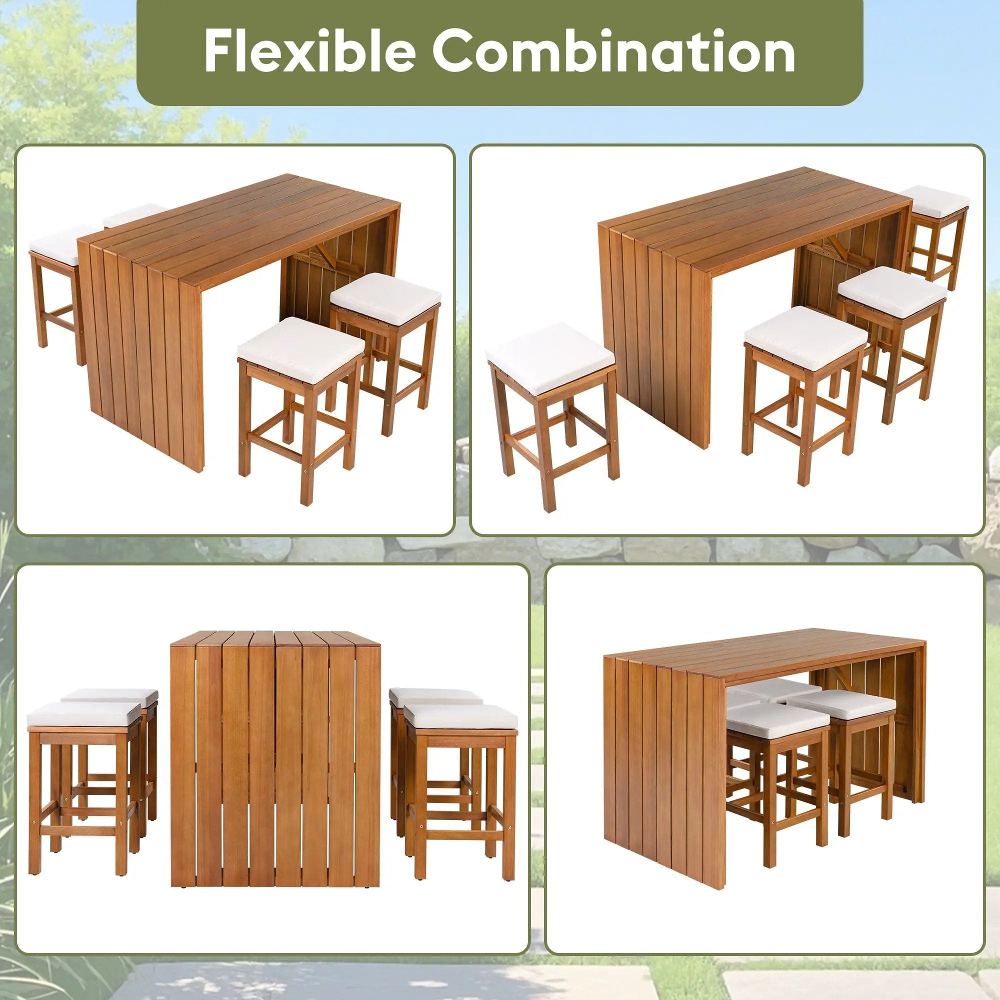 5 Piece Outdoor Bar Set with Acacia Wood Table & Cushioned Stools by HouseOfZazla