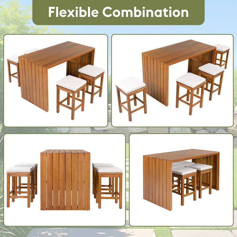 5 Piece Outdoor Bar Set with Acacia Wood Table & Cushioned Stools by HouseOfZazla