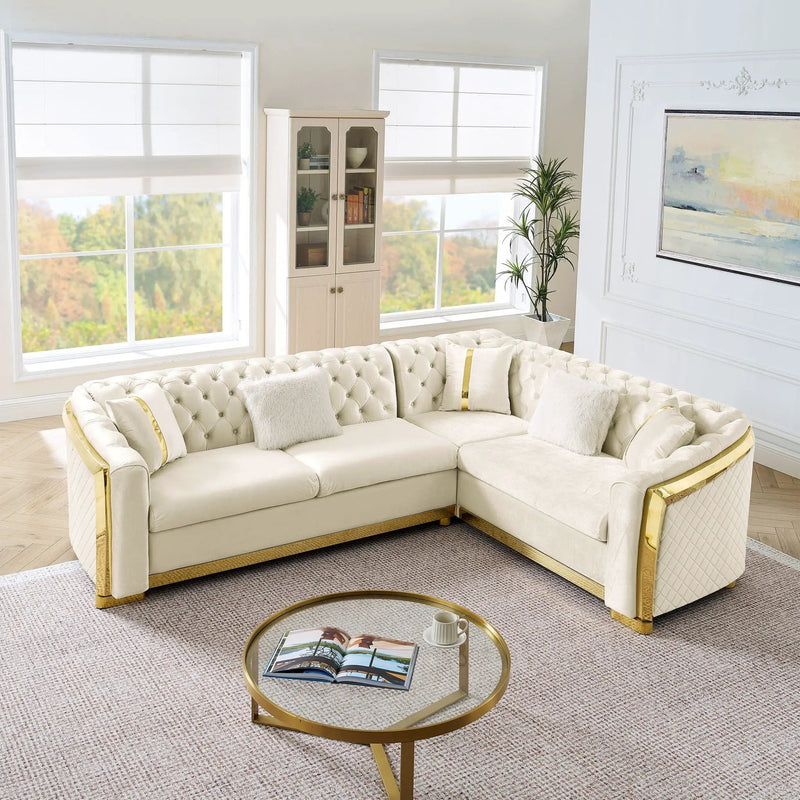 L Shaped Chesterfield Sectional Sofa With Stainless Steel Accents by Unique Piece Furniture