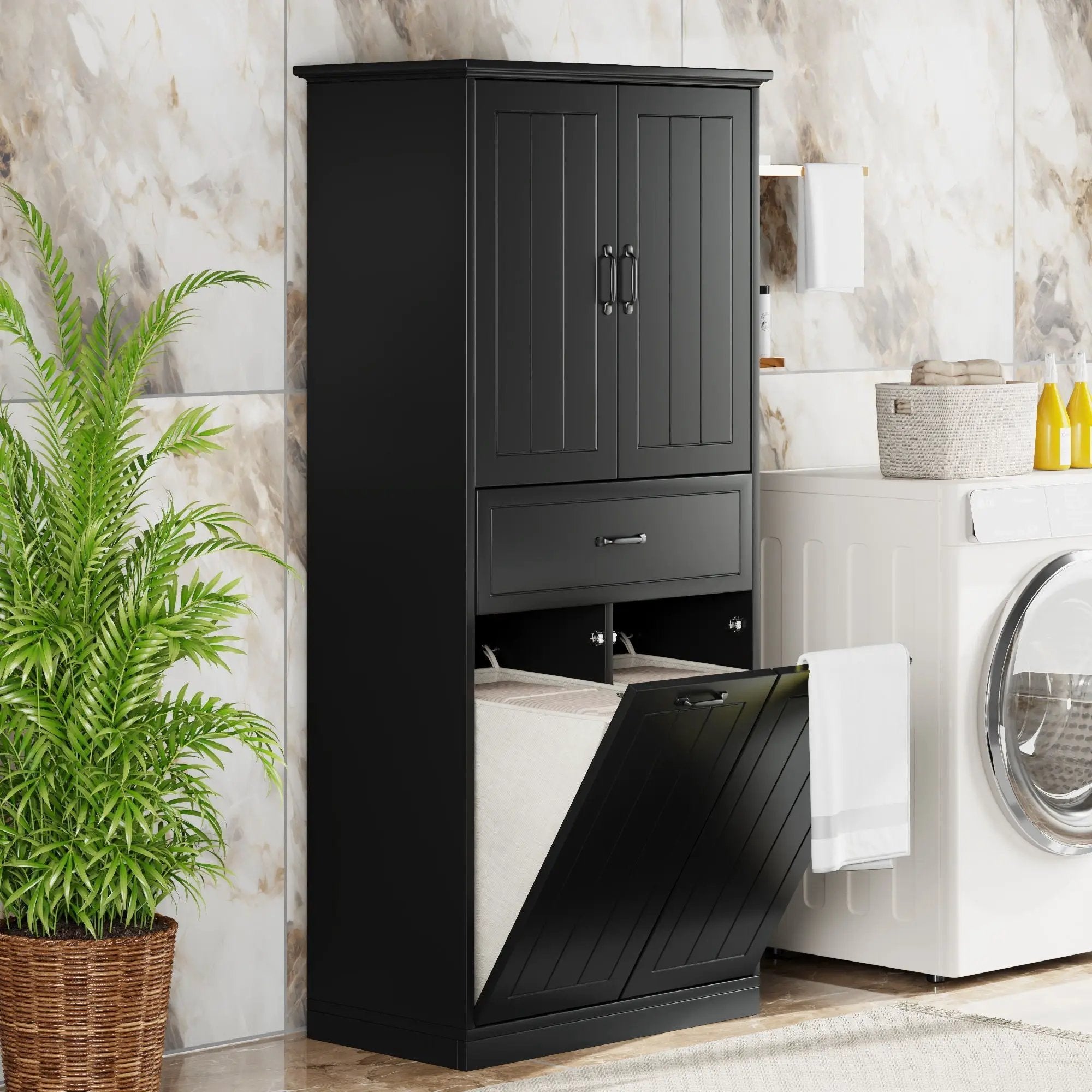 Modern Bathroom Storage Cabinet with Two Laundry Baskets, One Drawer, Adjustable Shelf by HouseOfZazla
