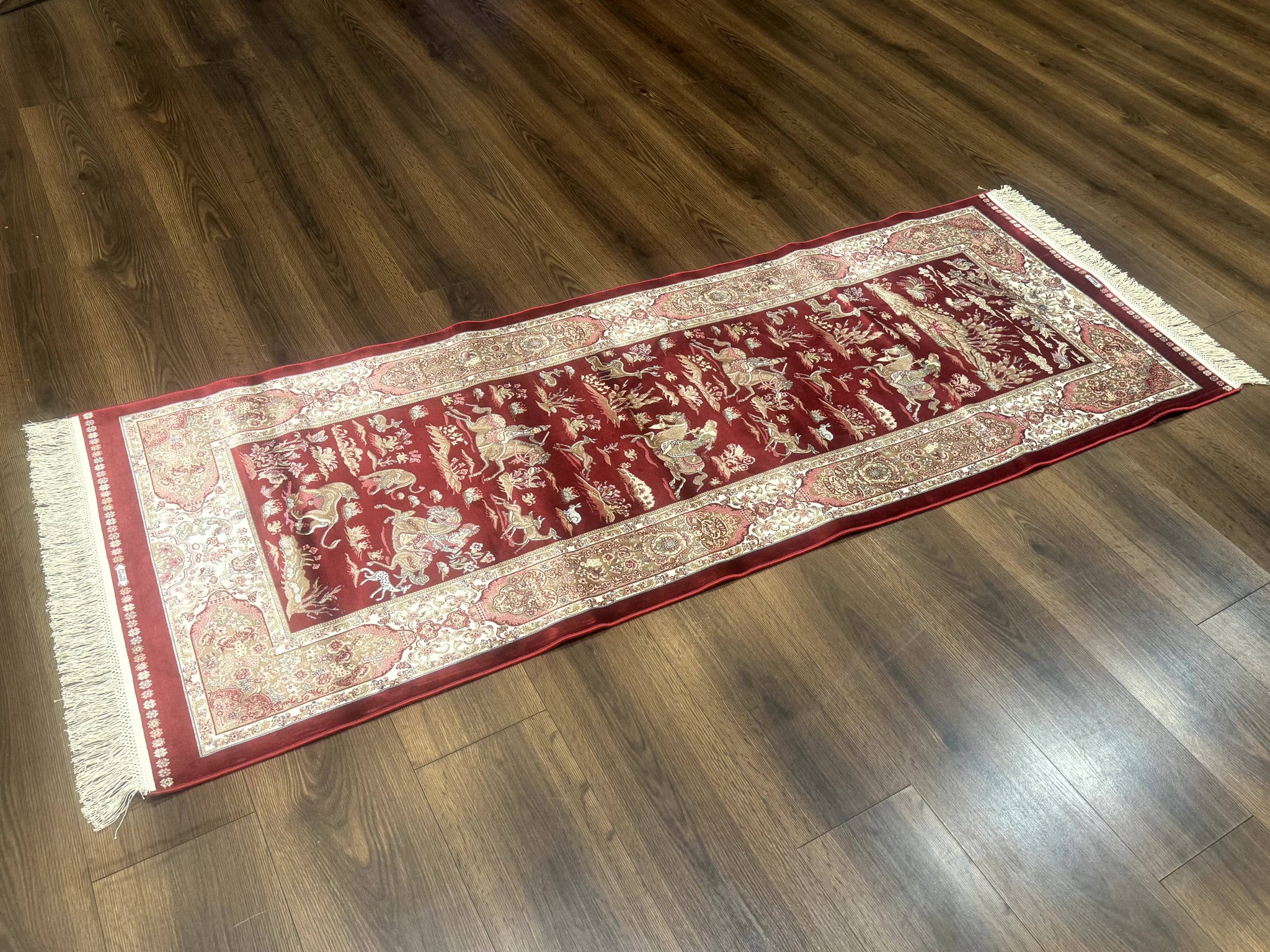 Turkish Silk Rug 2.6 x 6.7, Hunting Design, Short Runner Rug, Red & Ivory, Bamboo Silk, New by Jewel Rugs