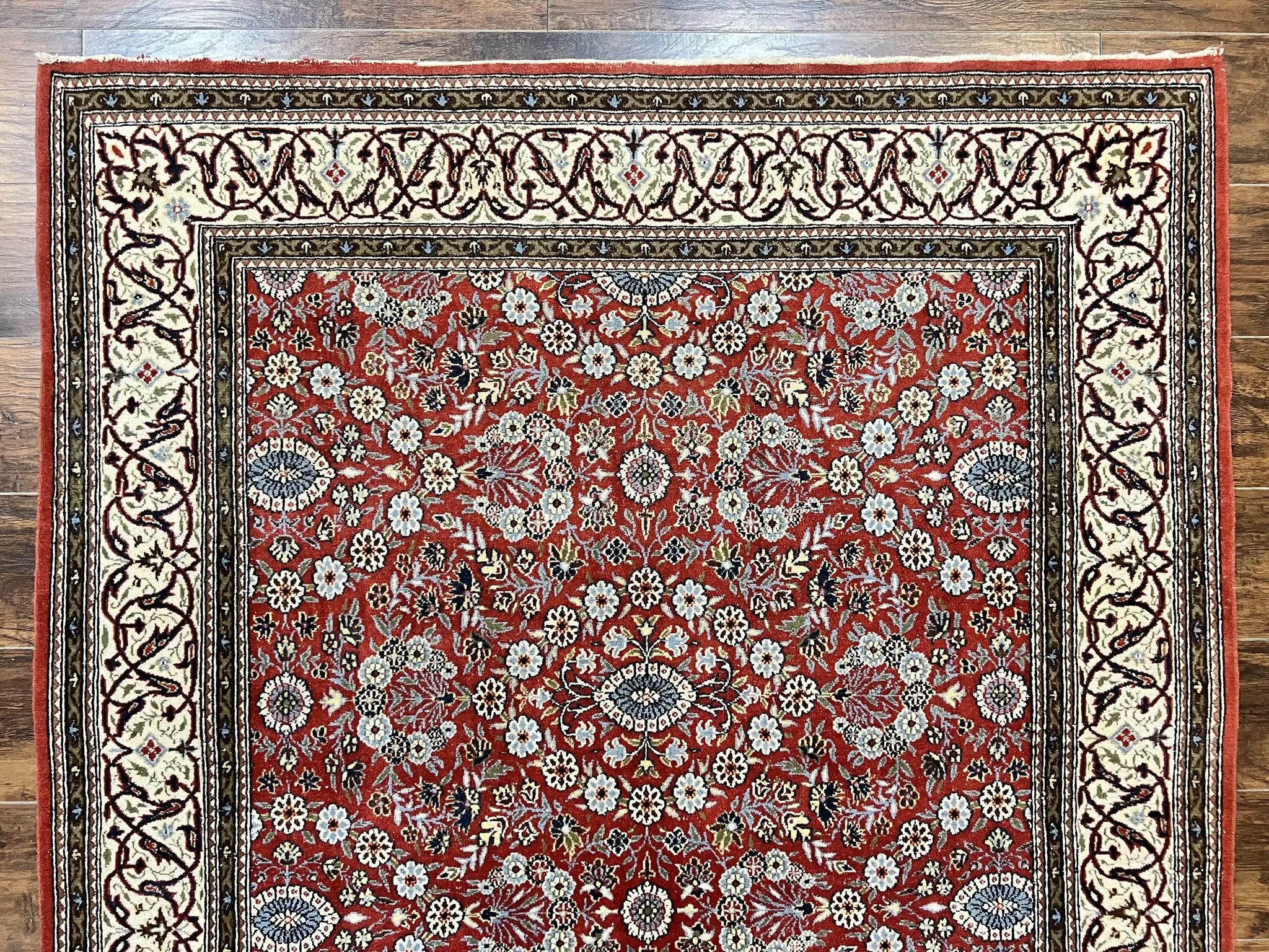 Red Persian Qum Rug 5 x 7.6, Hand Knotted Vintage Wool Fine Carpet 270 KPSI, Floral Allover by Jewel Rugs