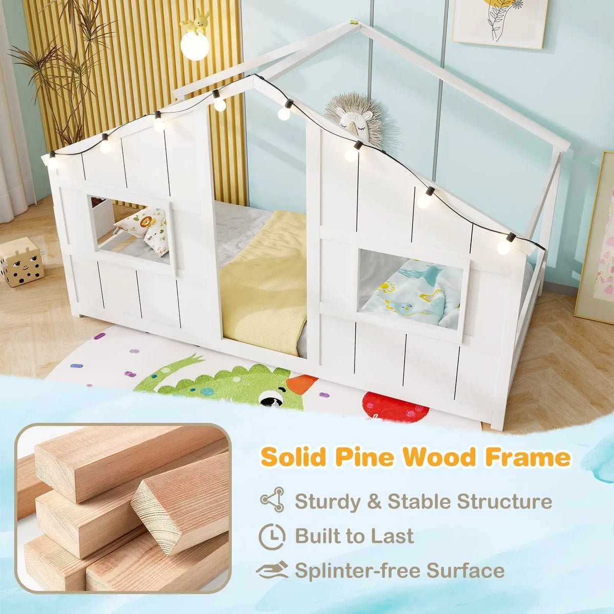 Twin Size House Bed with LED Lights Montessori Slat-free Floor Bed, photo 4 of 24
