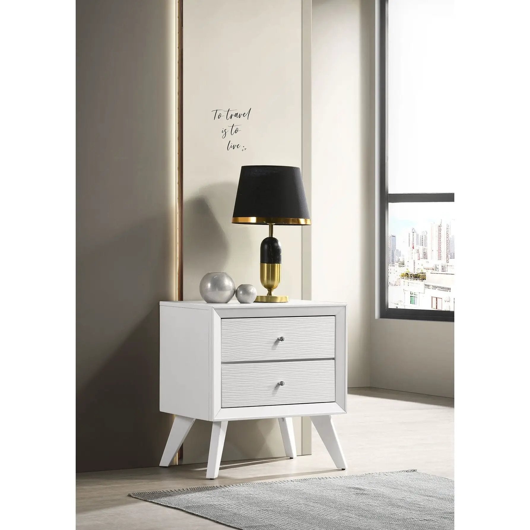 Nightstand With Angled Legs, Round Knobs, Wave Texture, 2 Drawer Bedside Table - White by Unique Piece Furniture