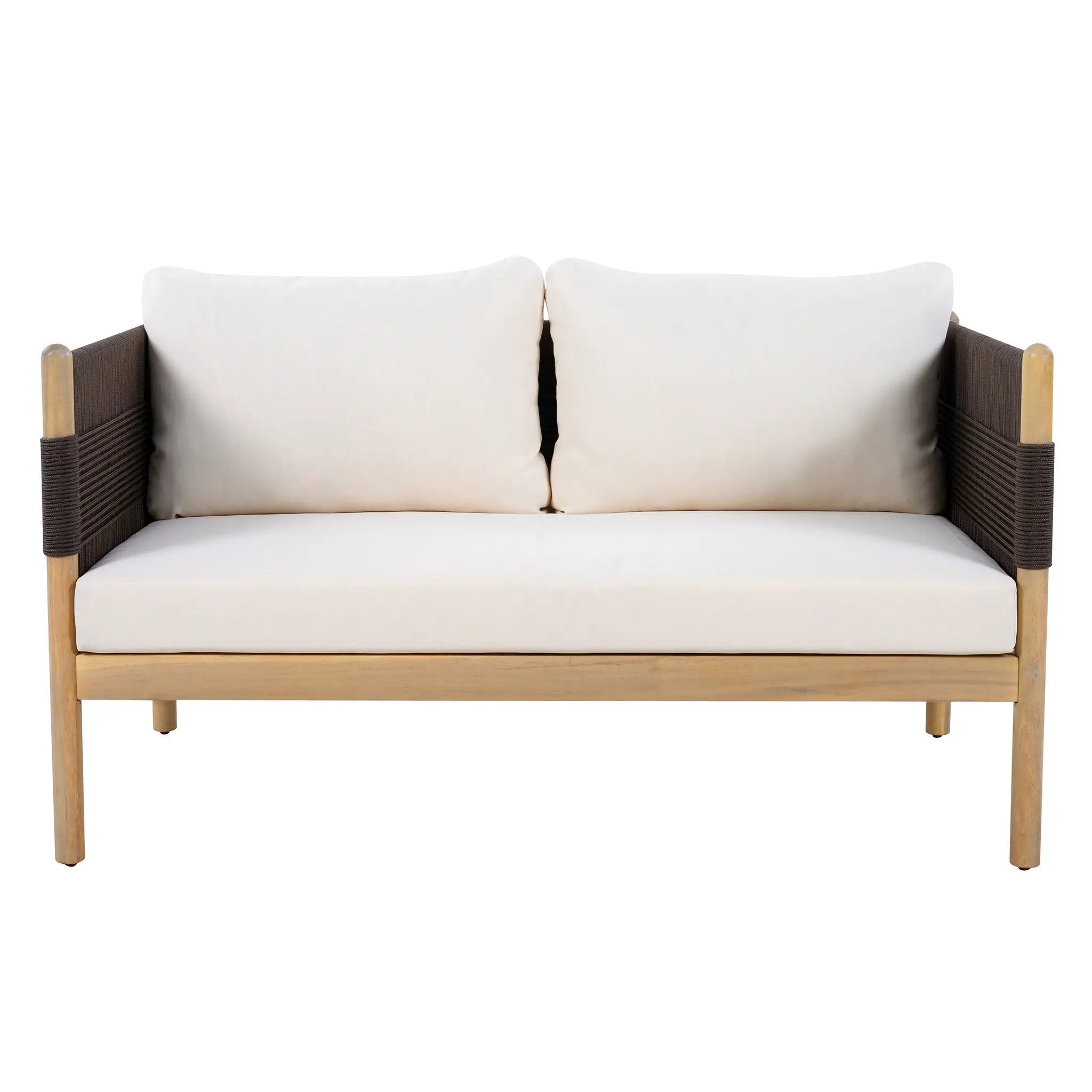 Outdoor Acacia Wood Loveseat with Diamond Rope Weave & Cushions, Light Teak by HouseOfZazla