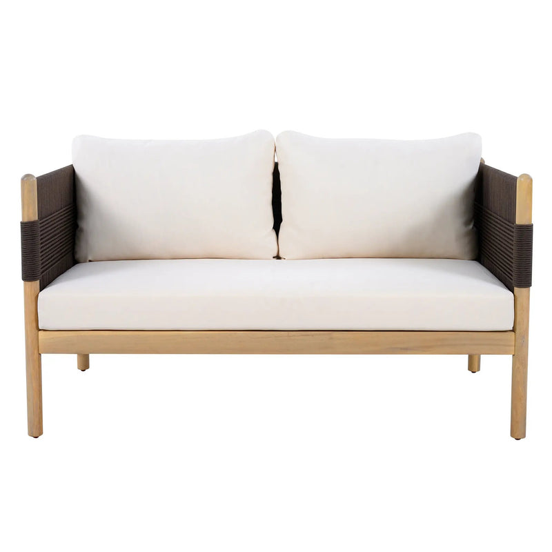 Outdoor Acacia Wood Loveseat with Diamond Rope Weave & Cushions, Light Teak by HouseOfZazla