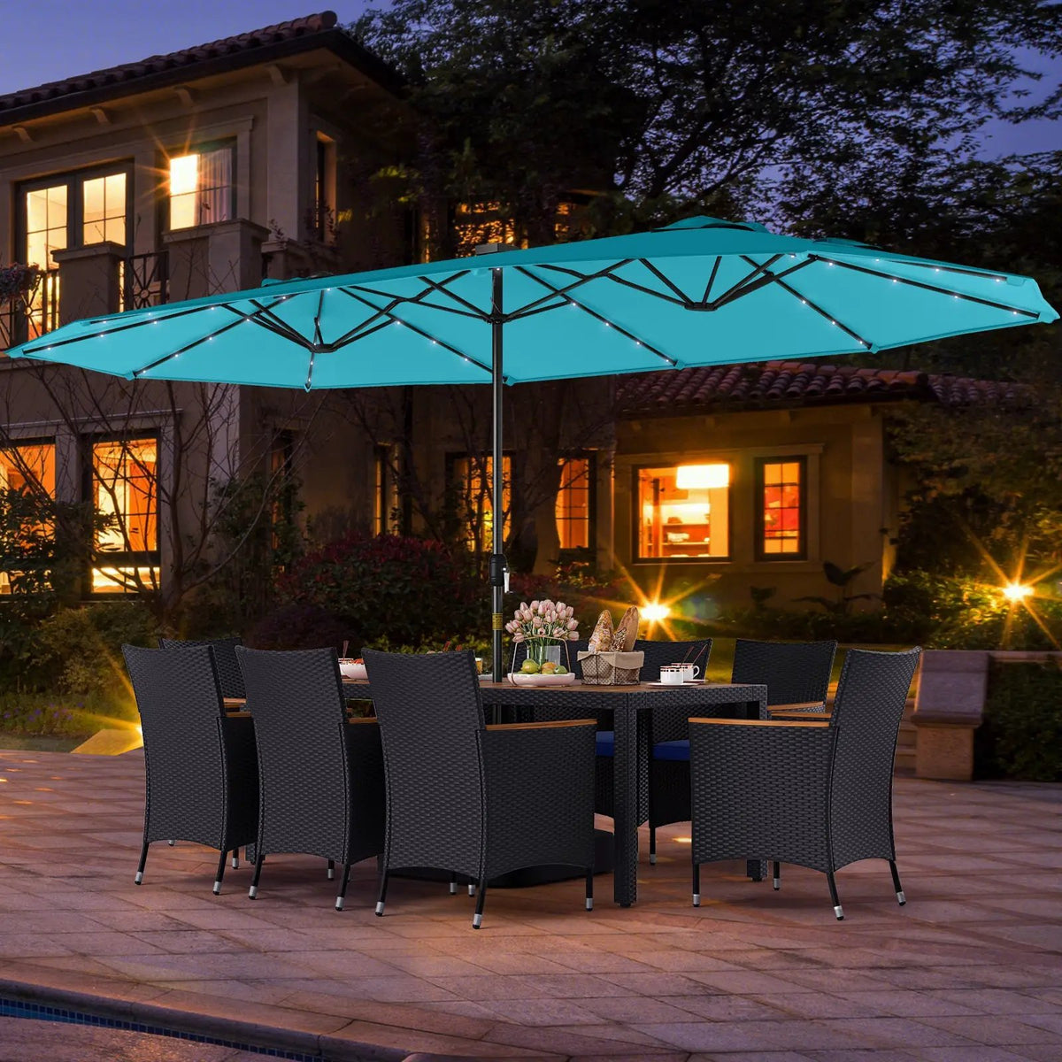 11 Pieces Patio Dining Set with LED Patio Umbrella with Base and Seat Cushions (Navy), photo 6 of 54