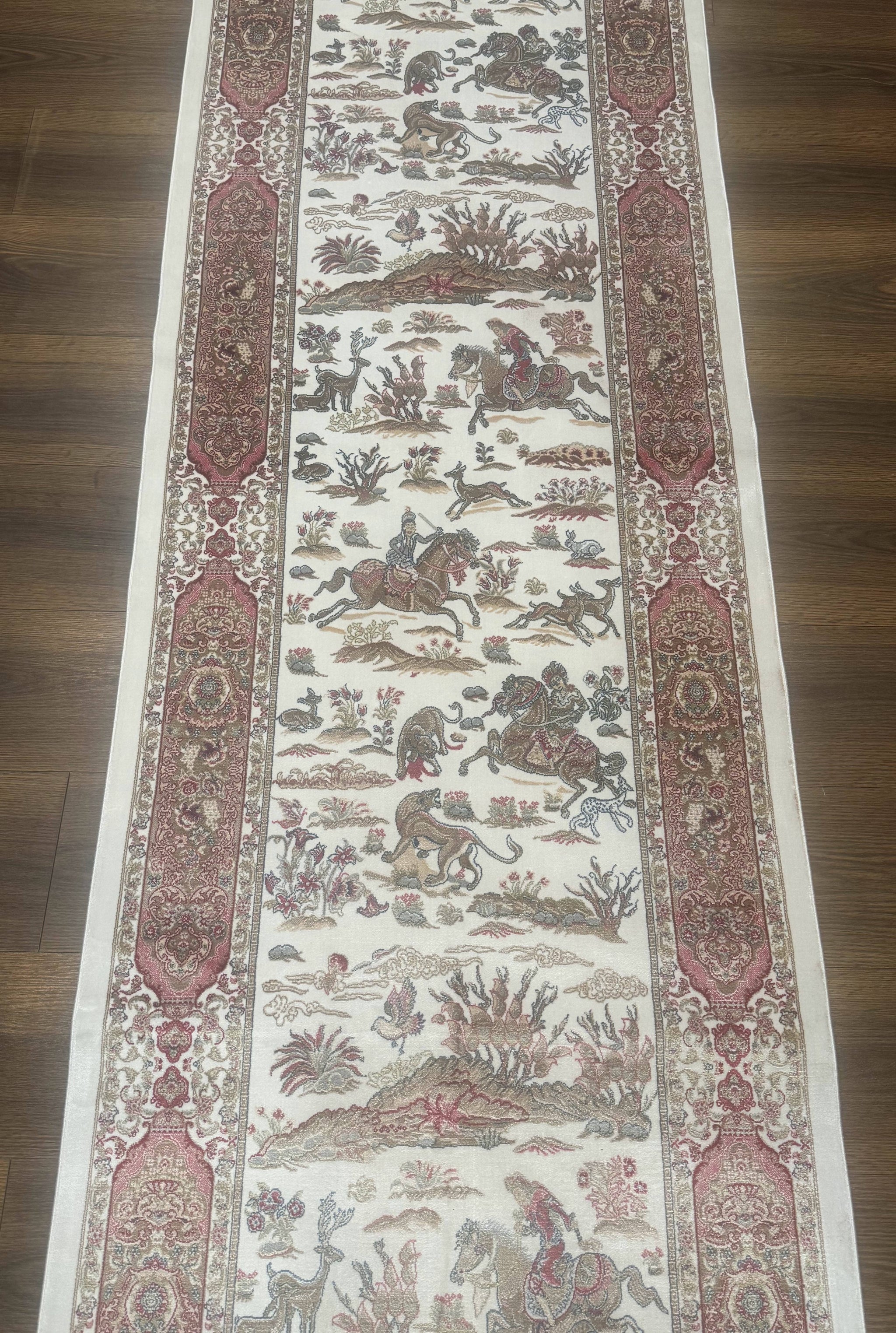 Long Turkish Silk Runner Rug 2.6 x 16.5, Hunting Design, Ivory, Bamboo Silk, New by Jewel Rugs