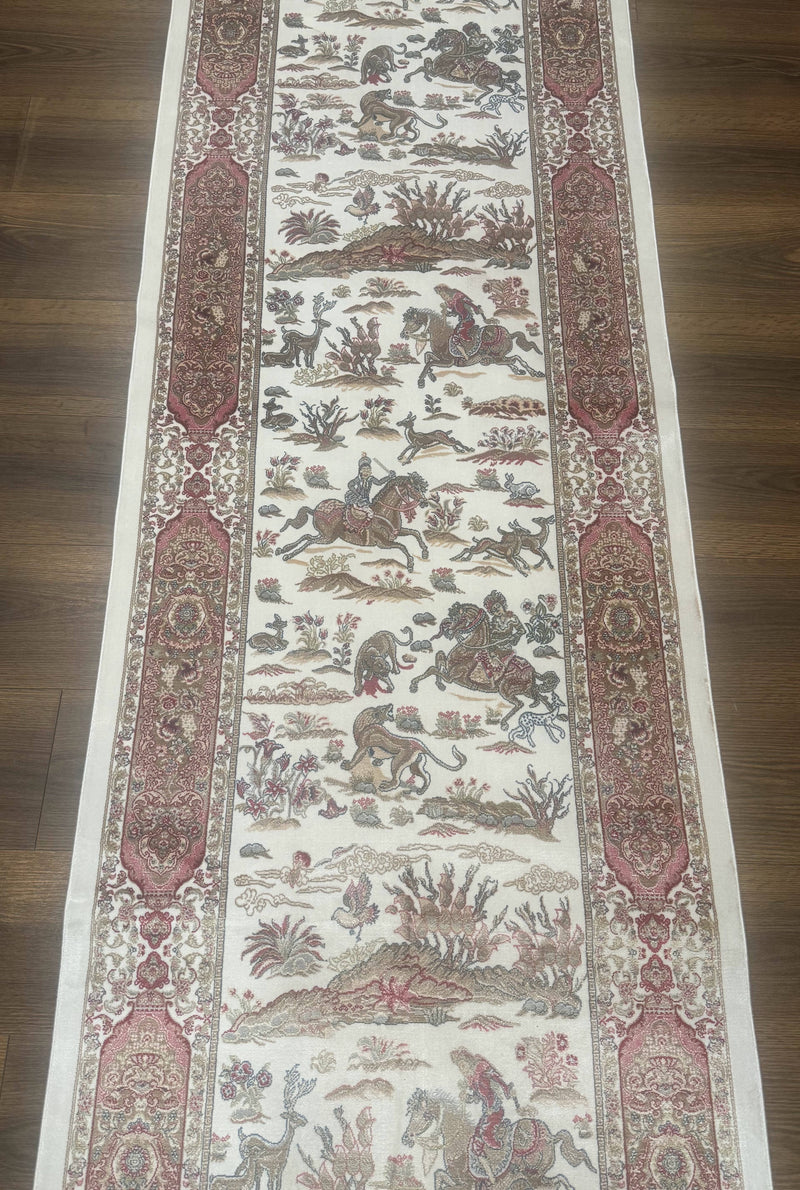 Long Turkish Silk Runner Rug 2.6 x 16.5, Hunting Design, Ivory, Bamboo Silk, New by Jewel Rugs