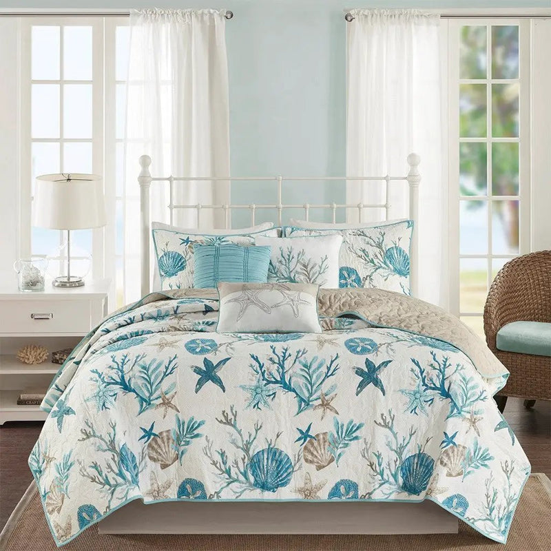 6 Piece Cotton Sateen Quilt Set with Throw Pillows Aqua King/Cal King by HouseOfZazla