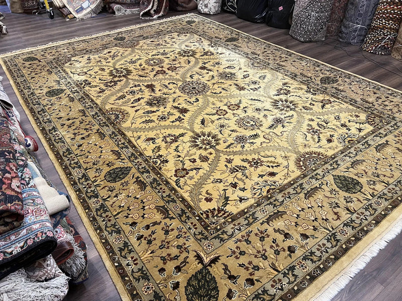 Indo Persian Mahal Rug 10x14, Wool Hand Knotted Oriental Carpet, Cream Floral Allover, Vintage Area Rug 10 x 14, Traditional Rug, Handmade by Jewel Rugs