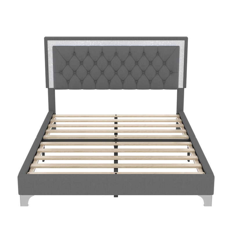 3-Pieces Bedroom Set, Queen Size Upholstered Platform Bed with LED Lights and Two Nightstands - Gray by HouseOfZazla