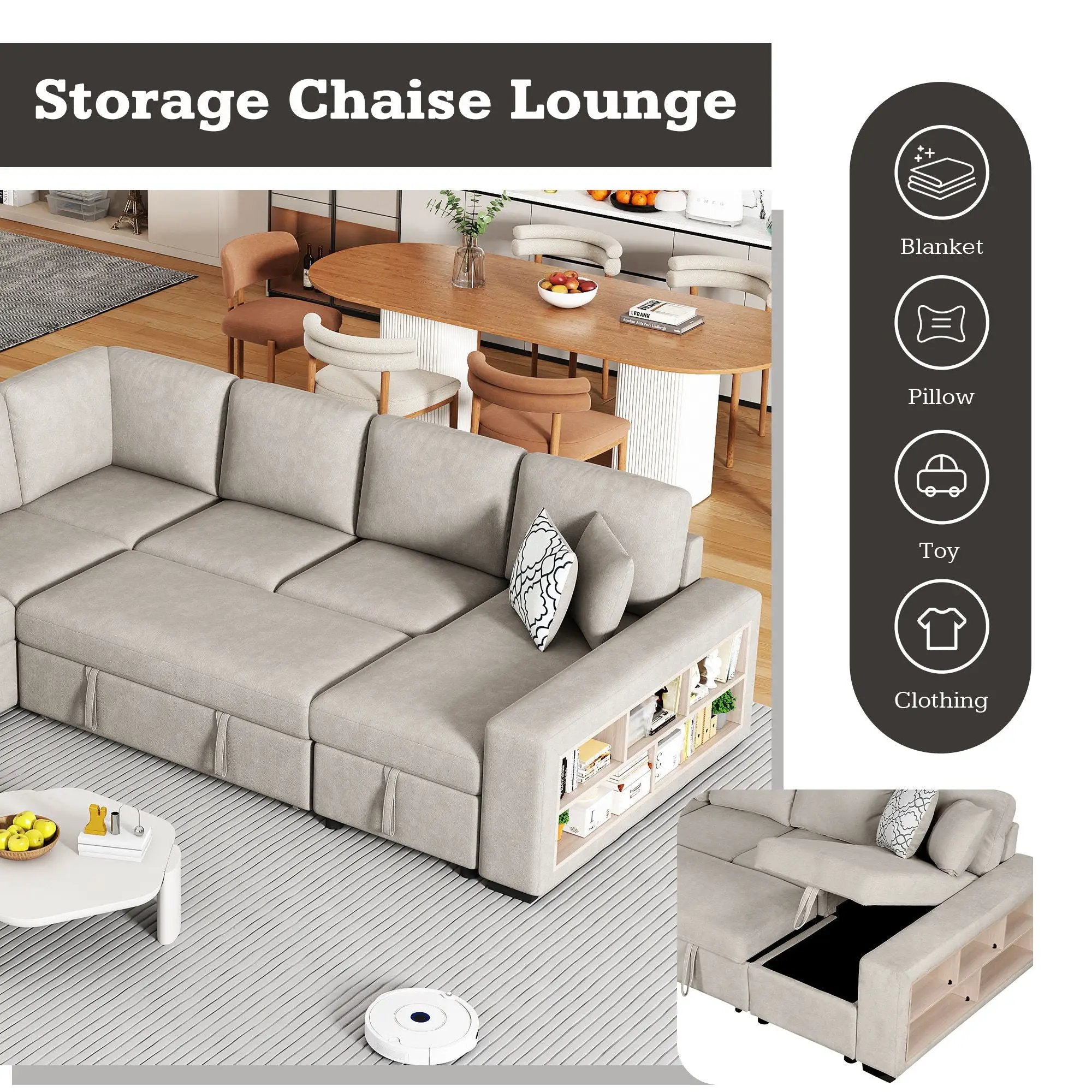 U-Shaped Sectional Sofa Pull-Out Sofa Bed With Two USB Ports, A Storage Chaise Lounge And Four Back Pillows For Living Room by HouseOfZazla