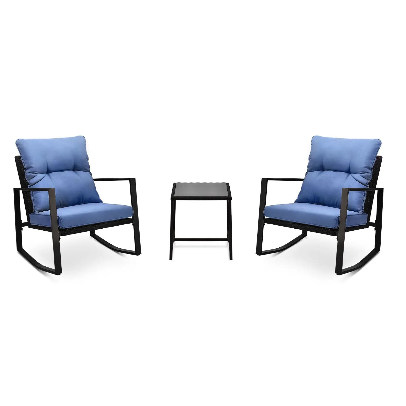 3 Pieces Patio Bistro Set Outdoor Rocking Chair with Blue Cushion for Yard Garden Poolside by HouseOfZazla