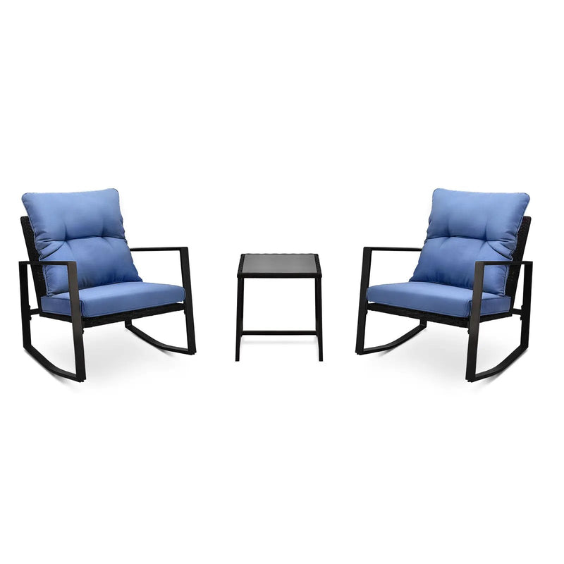 3 Pieces Patio Bistro Set Outdoor Rocking Chair with Blue Cushion for Yard Garden Poolside by HouseOfZazla