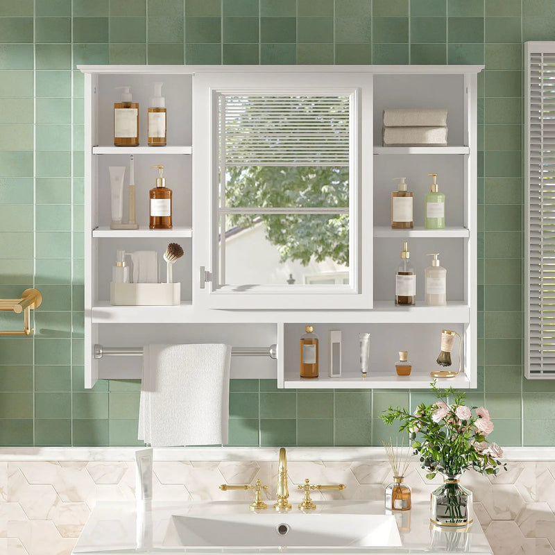 Wall Mount 2 In 1 Mirror Cabinet With Adjustable Shelves, Open Storage, For Bathroom Vanity - White by Unique Piece Furniture