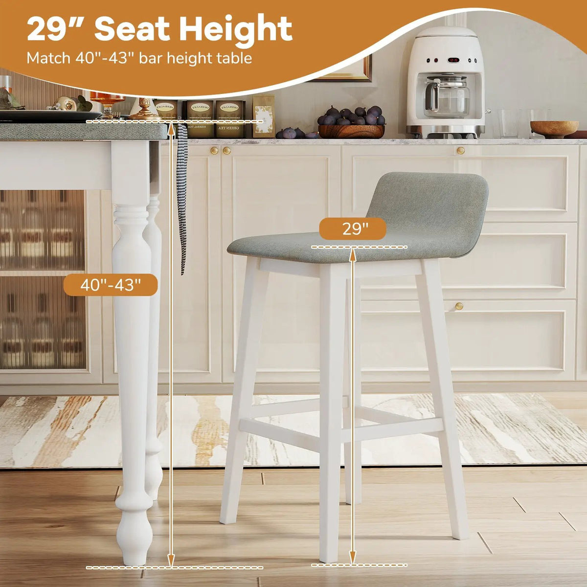 29 Inch Low-Back High-Top Chairs with Padded Seat and Rubber Wood Legs, photo 16 of 16