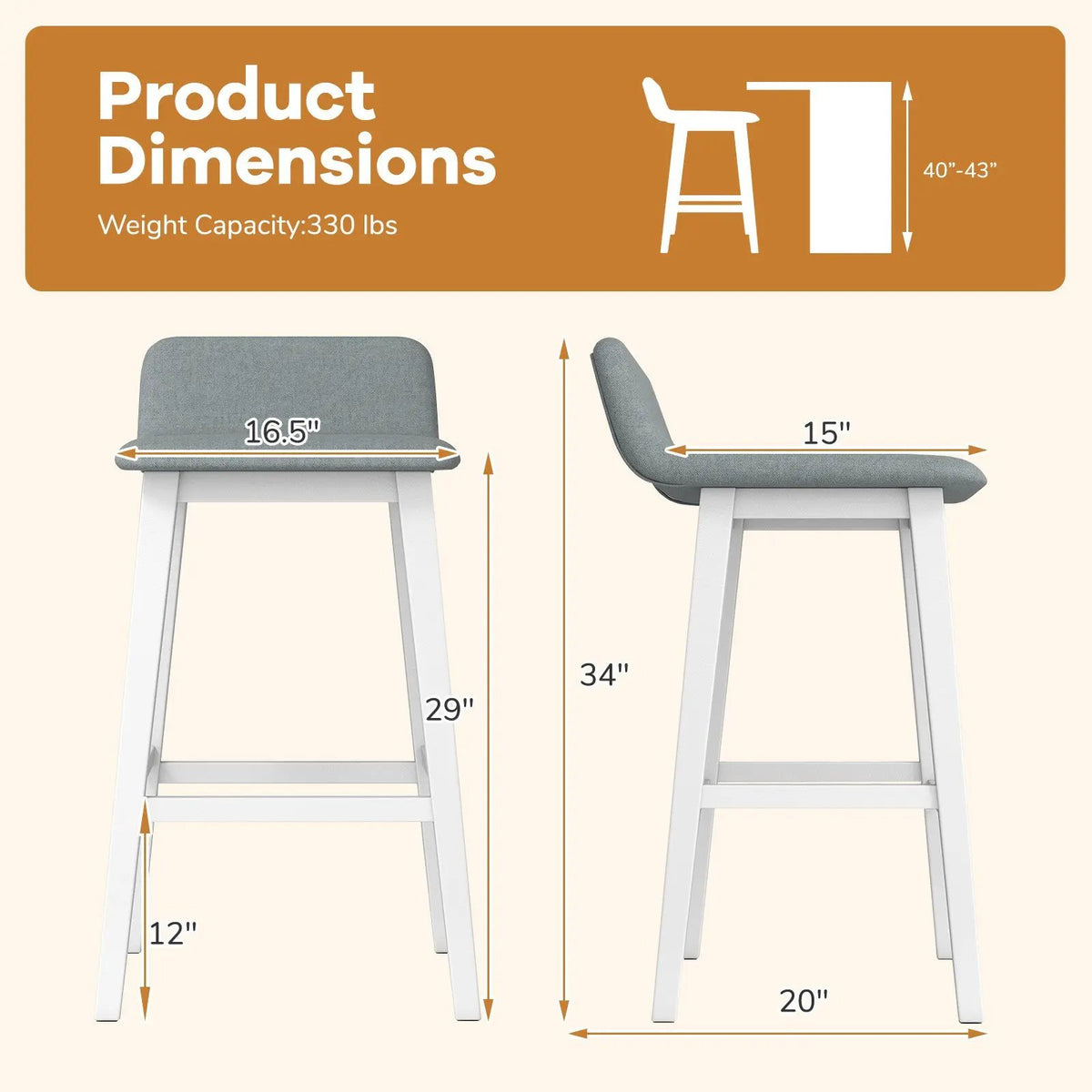 29 Inch Low-Back High-Top Chairs with Padded Seat and Rubber Wood Legs, photo 8 of 16