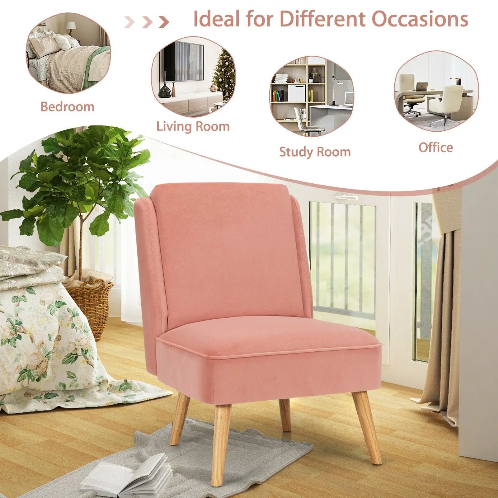 Velvet Accent Armless Side Chair with Rubber Wood Legs for Bedroom by DirectDeals