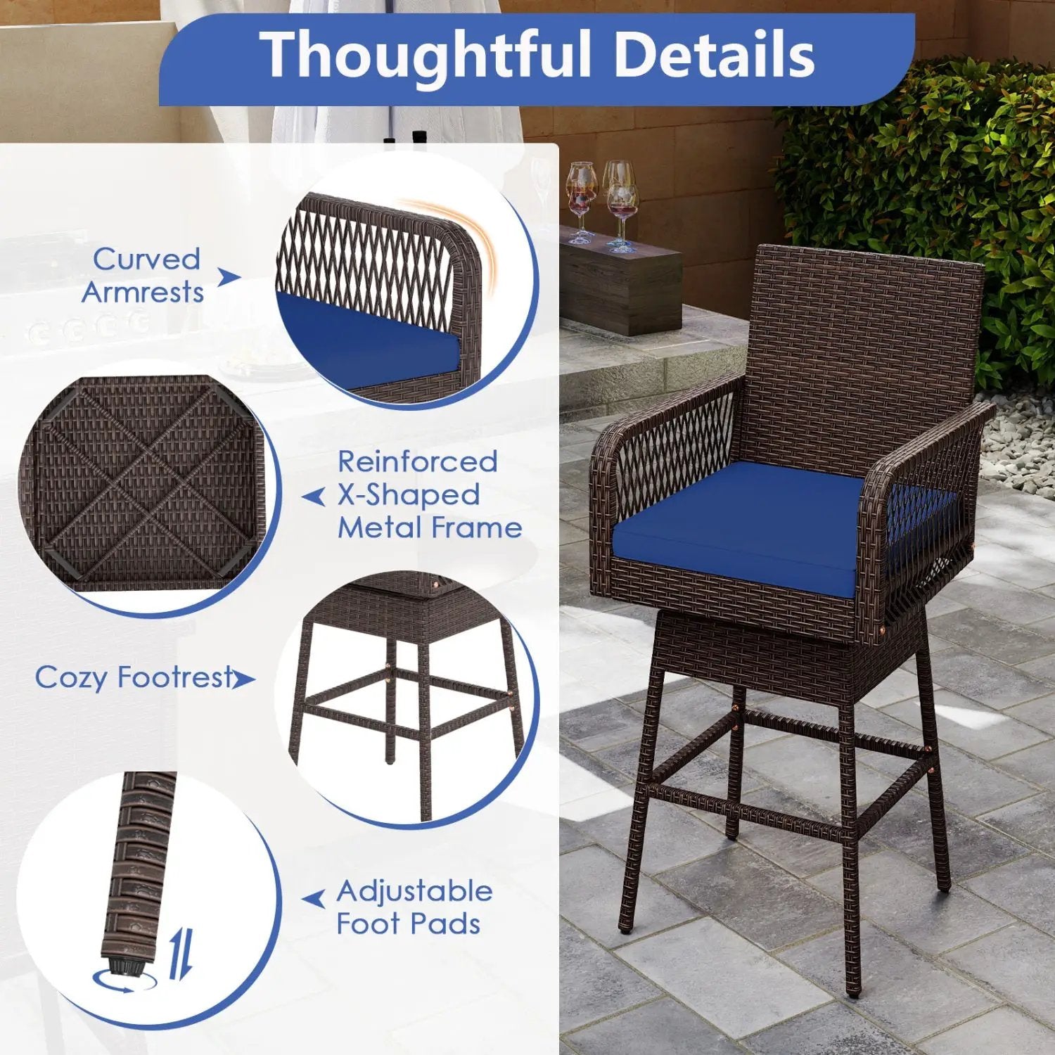 360° Swivel Bar Stool 29" Height with Cushion & Armrests by DirectDeals