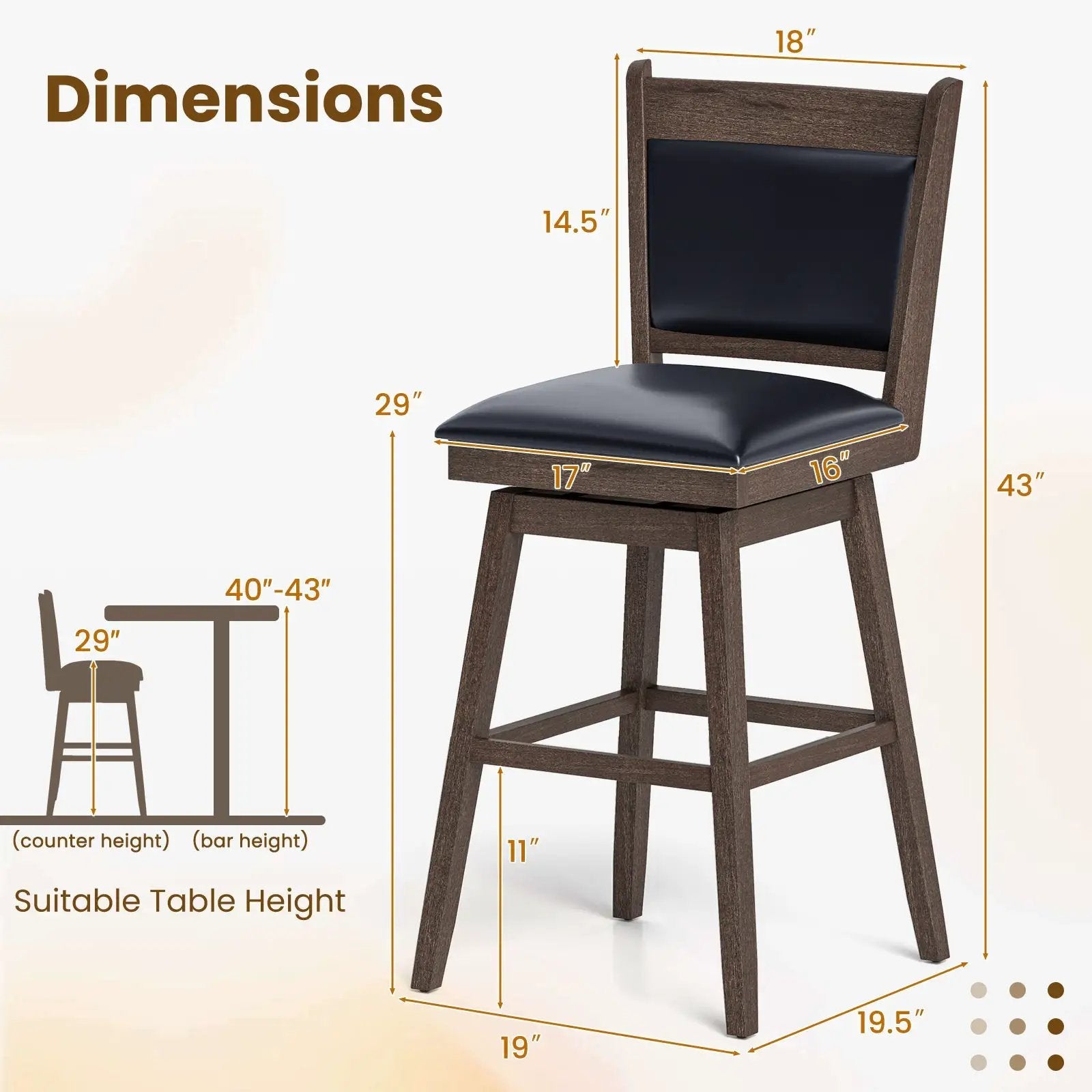 25/29 Inch Padded Bar Stools Set of 2 with Swivel Seat and Footrest by DirectDeals