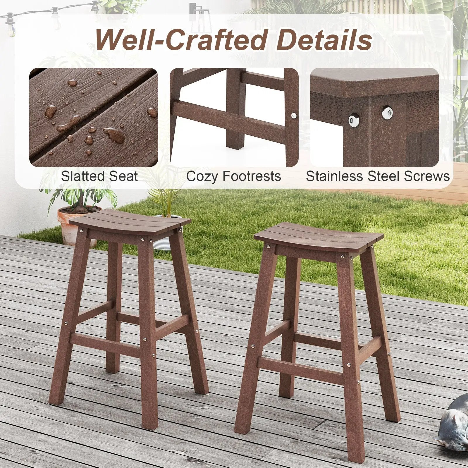 29 Inch HDPE Patio Bar Stool Set of 2 Armless Saddle Stools by DirectDeals