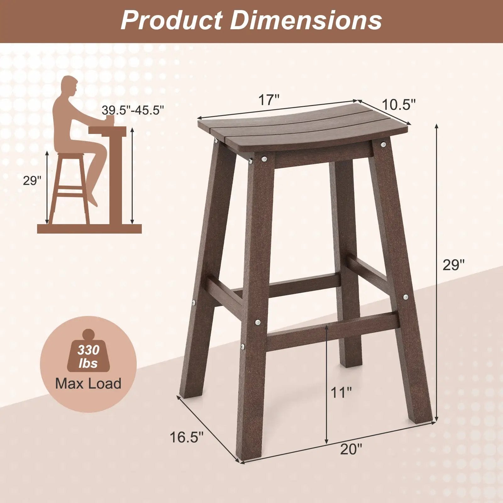 29 Inch HDPE Patio Bar Stool Set of 2 Armless Saddle Stools by DirectDeals