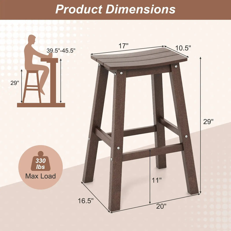 29 Inch HDPE Patio Bar Stool Set of 2 Armless Saddle Stools by DirectDeals