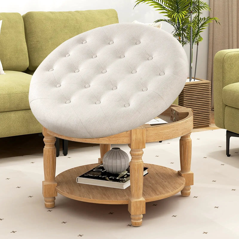 29 Inch Large Round Ottoman Coffee Table 2-Tier Upholstered Tufted Footrest Ottoman with Flip-up Top-Beige by DirectDeals