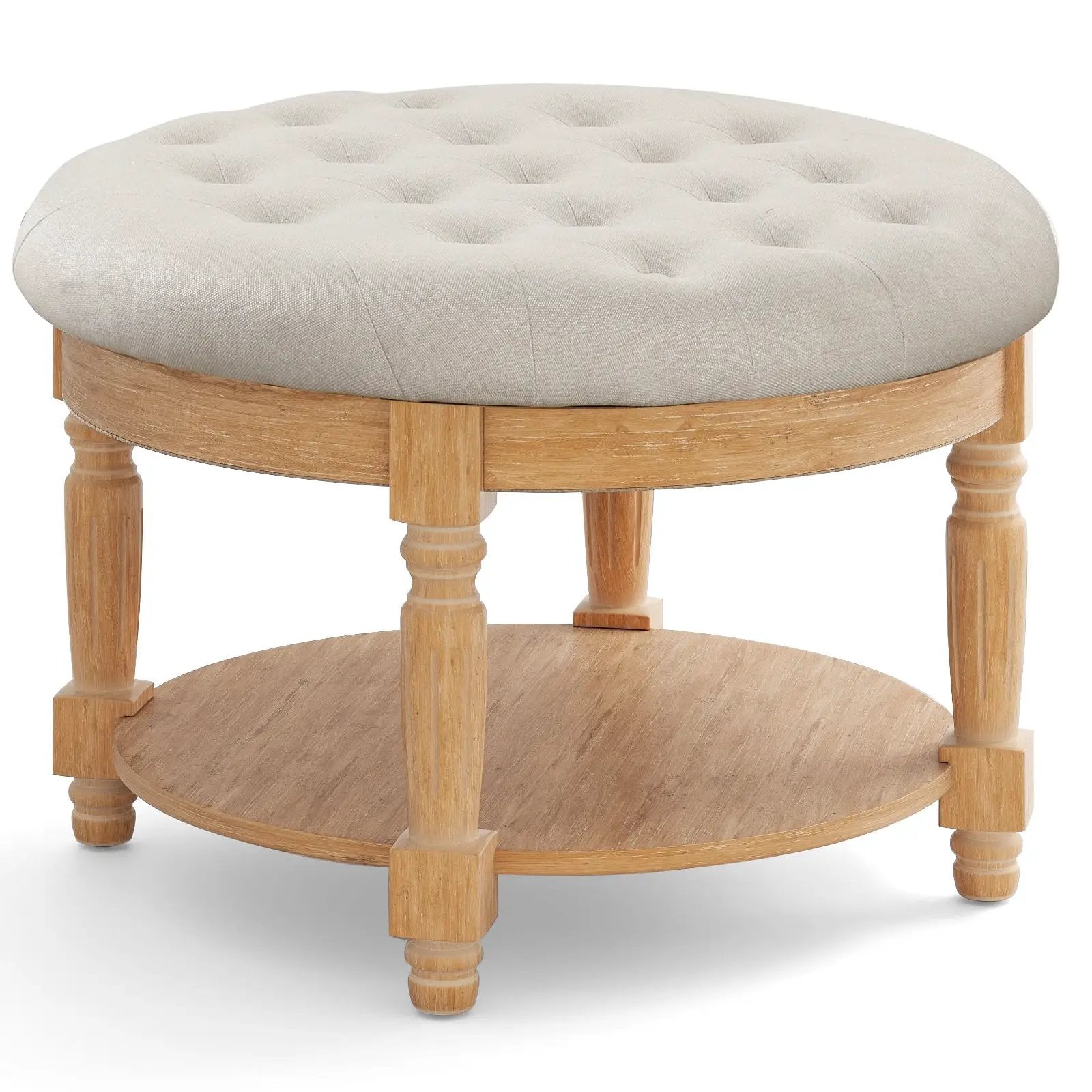 29 Inch Large Round Ottoman Coffee Table 2-Tier Upholstered Tufted Footrest Ottoman with Flip-up Top-Beige by DirectDeals