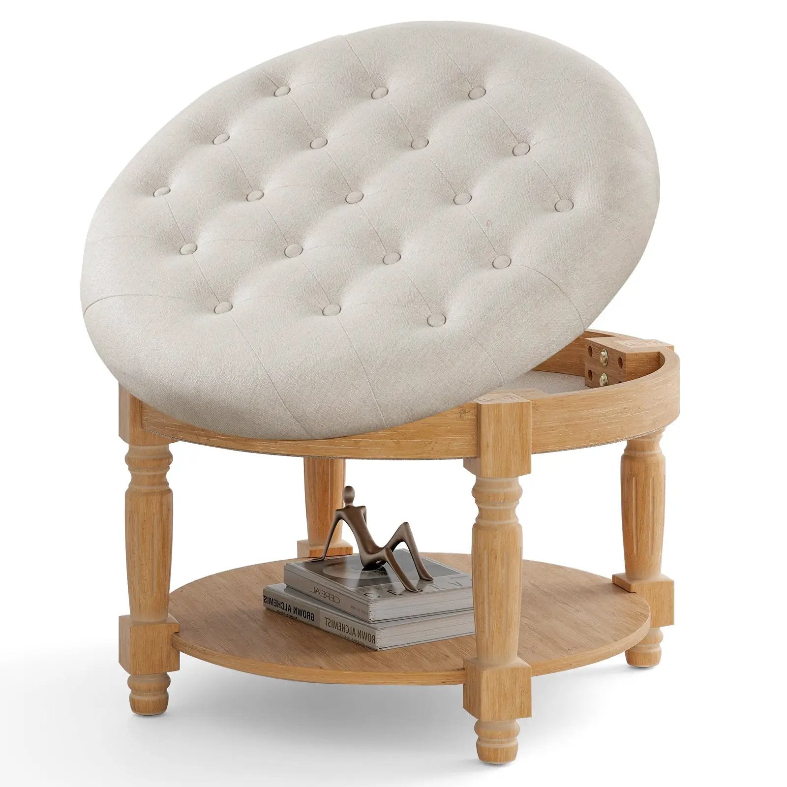 29 Inch Large Round Ottoman Coffee Table 2-Tier Upholstered Tufted Footrest Ottoman with Flip-up Top-Beige by DirectDeals