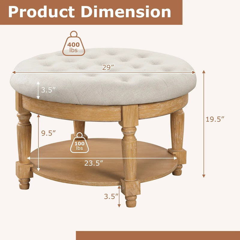 29 Inch Large Round Ottoman Coffee Table 2-Tier Upholstered Tufted Footrest Ottoman with Flip-up Top-Beige by DirectDeals