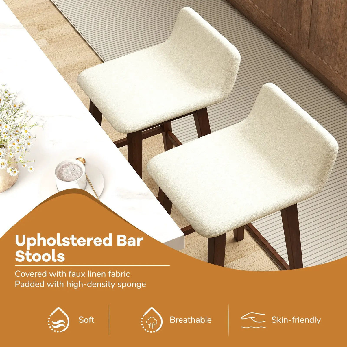 29 Inch Low-Back High-Top Chairs with Padded Seat and Rubber Wood Legs, photo 11 of 16