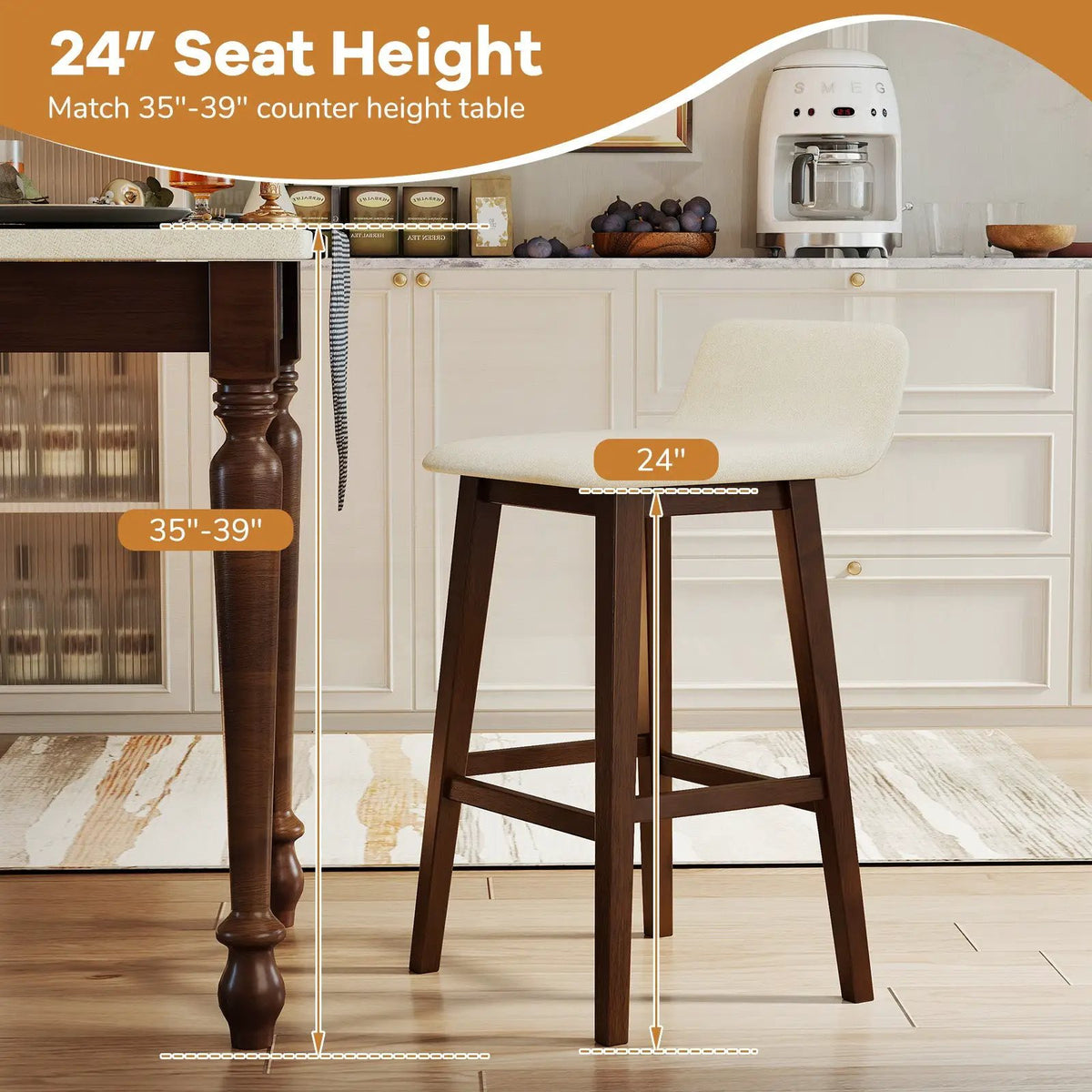 29 Inch Low-Back High-Top Chairs with Padded Seat and Rubber Wood Legs, photo 15 of 16