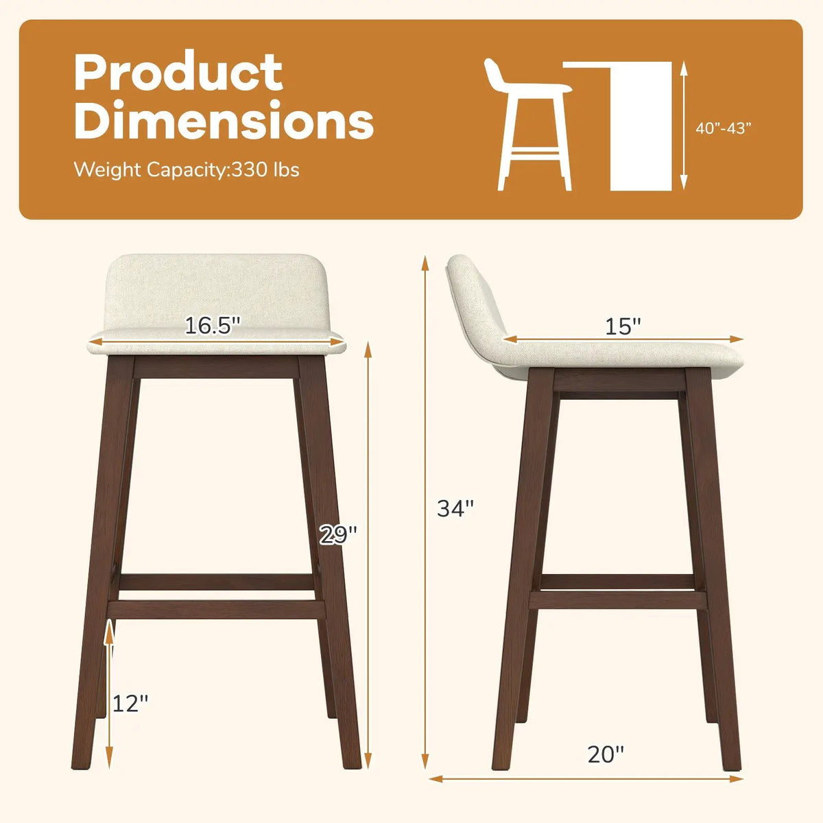 29 Inch Low-Back High-Top Chairs with Padded Seat and Rubber Wood Legs, photo 9 of 16