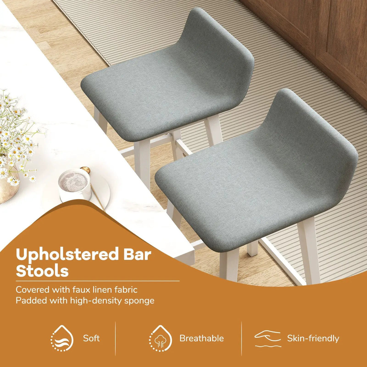 29 Inch Low-Back High-Top Chairs with Padded Seat and Rubber Wood Legs, photo 12 of 16