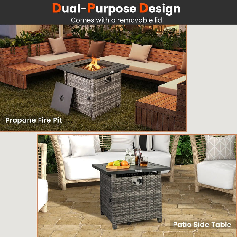 29 Inch Propane Rattan Firepit Table with Lava Rocks and Protective Cover-Gray by DirectDeals