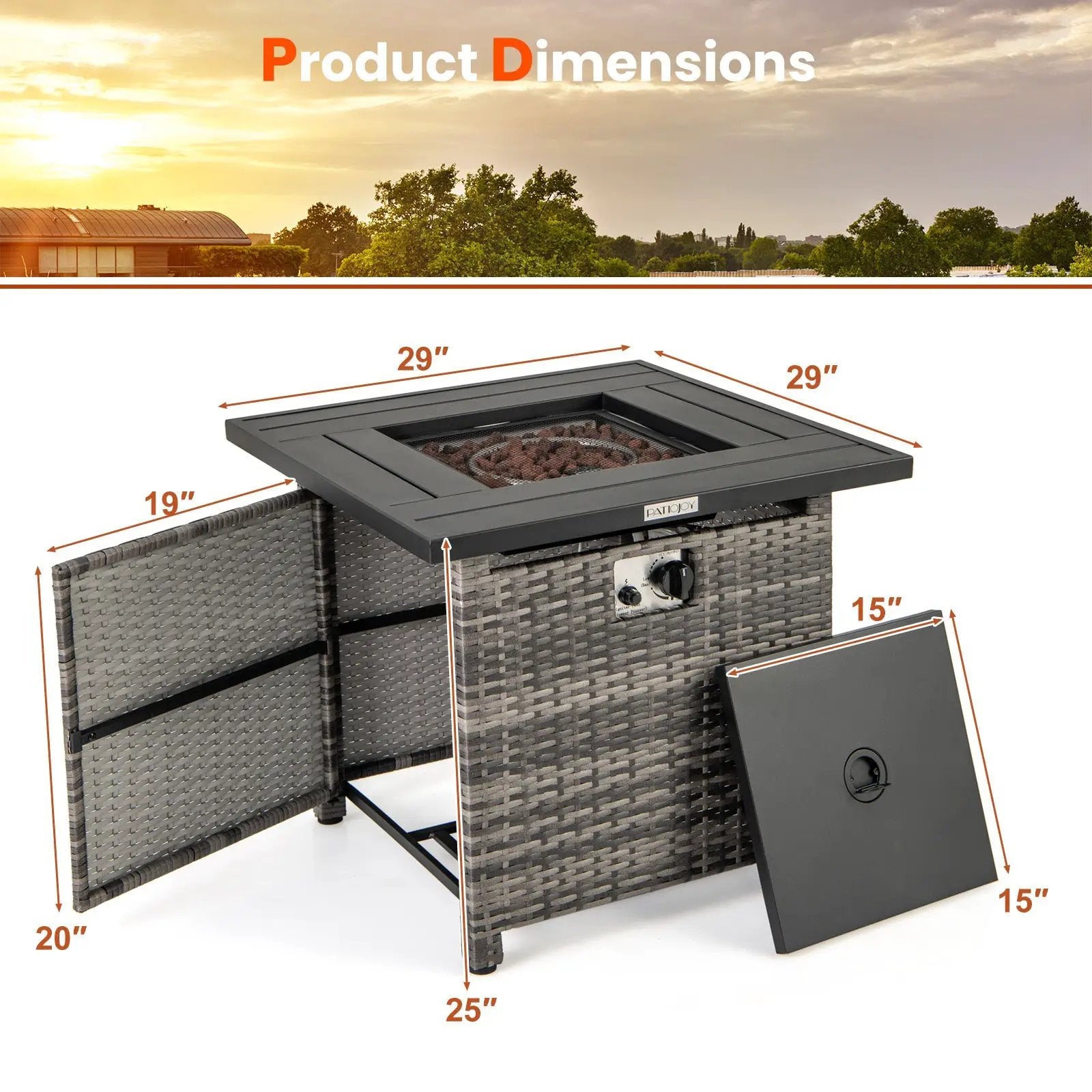29 Inch Propane Rattan Firepit Table with Lava Rocks and Protective Cover-Gray by DirectDeals