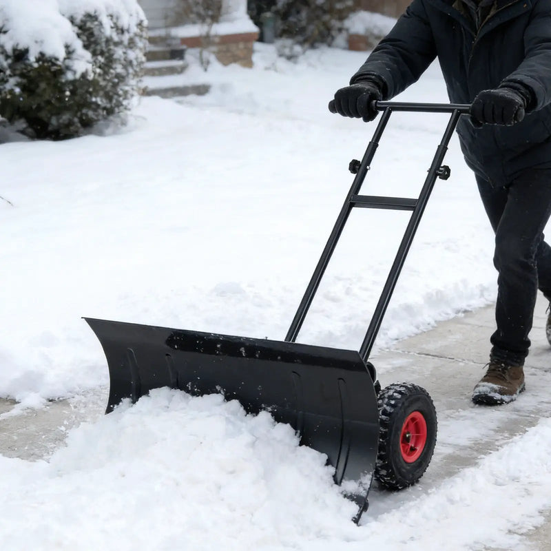 29 Inch Snow Pusher Heavy Duty Metal Shovel with Wheels and Adjustable Handle-Black by DirectDeals