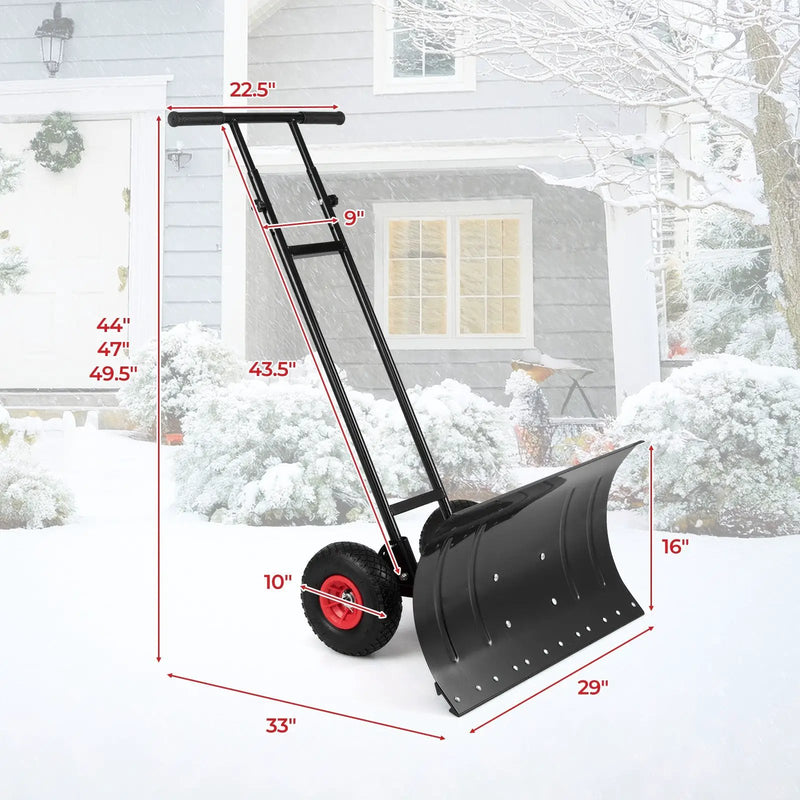 29 Inch Snow Pusher Heavy Duty Metal Shovel with Wheels and Adjustable Handle-Black by DirectDeals