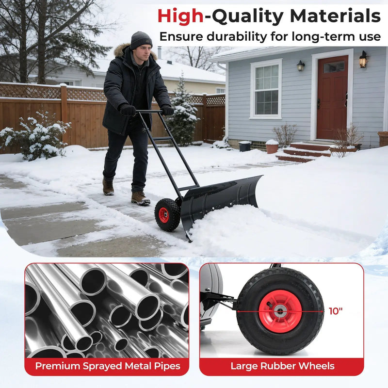 29 Inch Snow Pusher Heavy Duty Metal Shovel with Wheels and Adjustable Handle-Black by DirectDeals