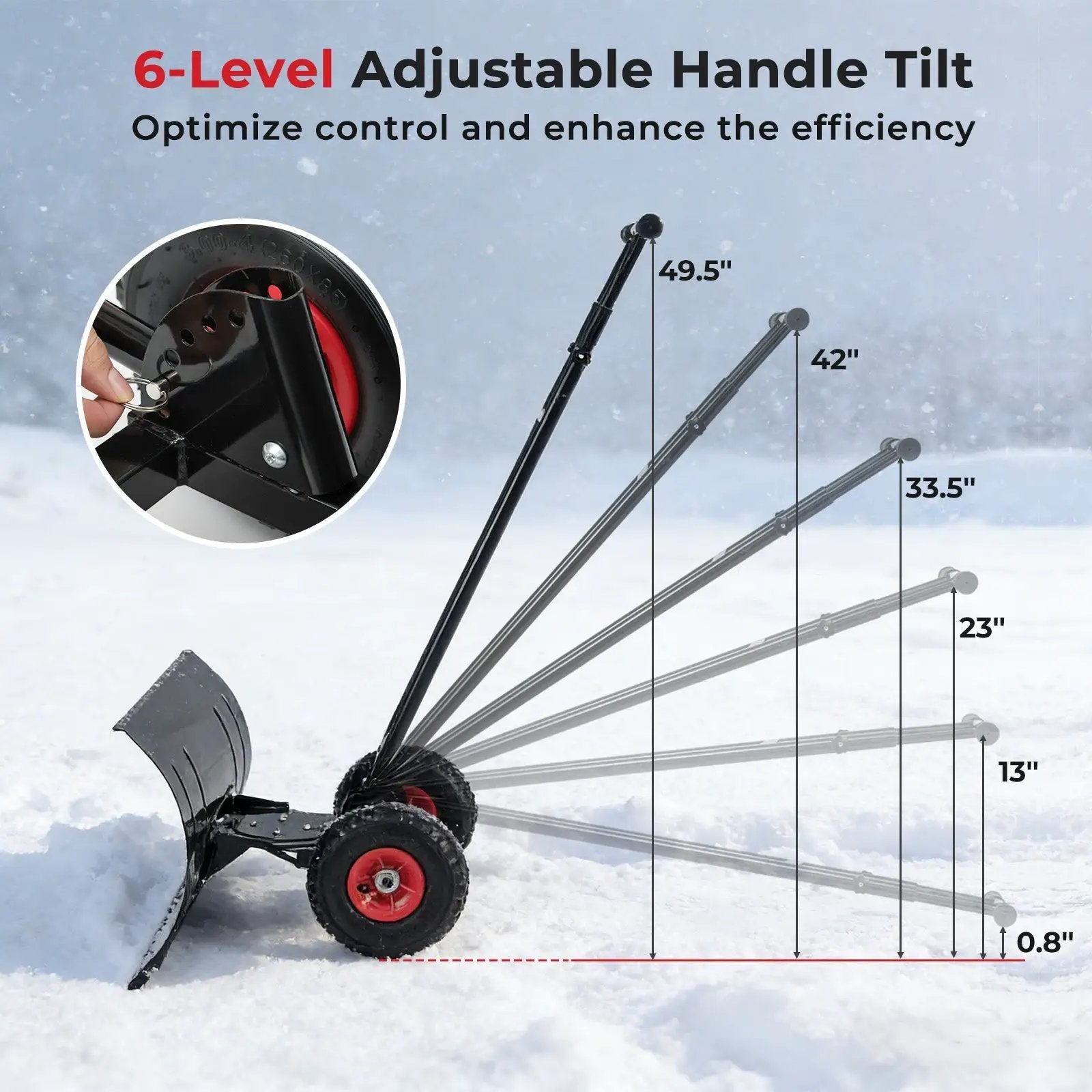 29 Inch Snow Pusher Heavy Duty Metal Shovel with Wheels and Adjustable Handle-Black by DirectDeals