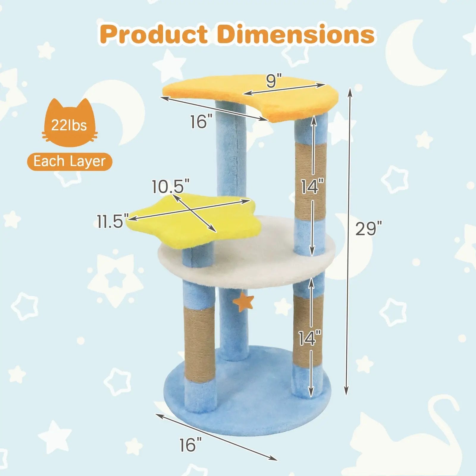 29 Inches Cute Modern Cat Tree with Star and Moon Shaped Platforms by DirectDeals