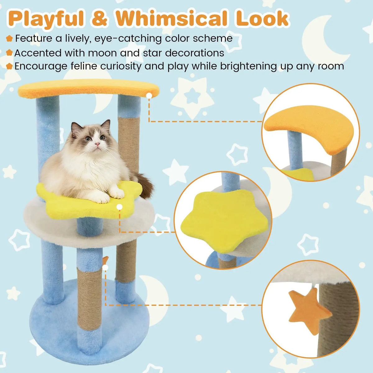 29 Inches Cute Modern Cat Tree with Star and Moon Shaped Platforms, photo 16 of 16