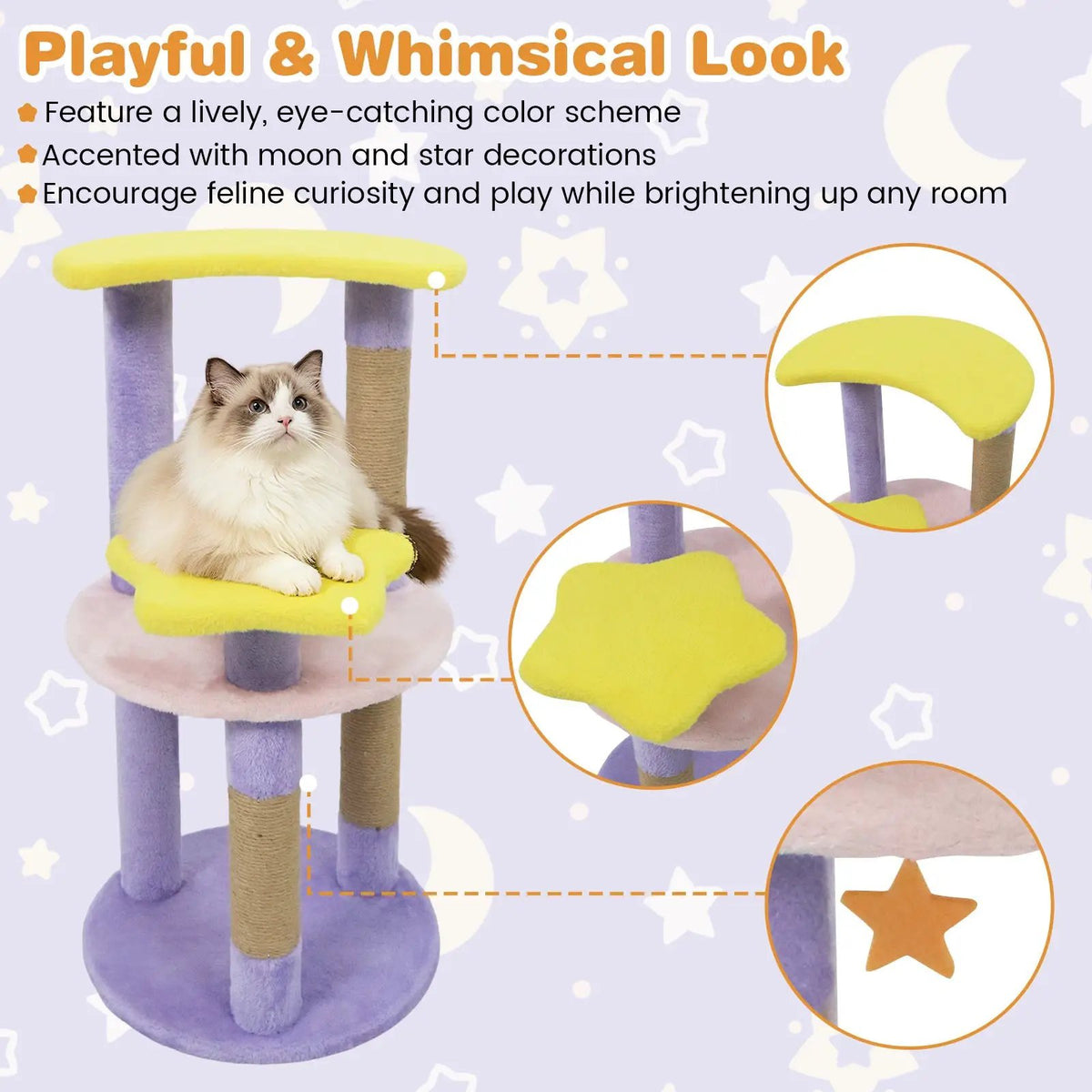 29 Inches Cute Modern Cat Tree with Star and Moon Shaped Platforms, photo 15 of 16
